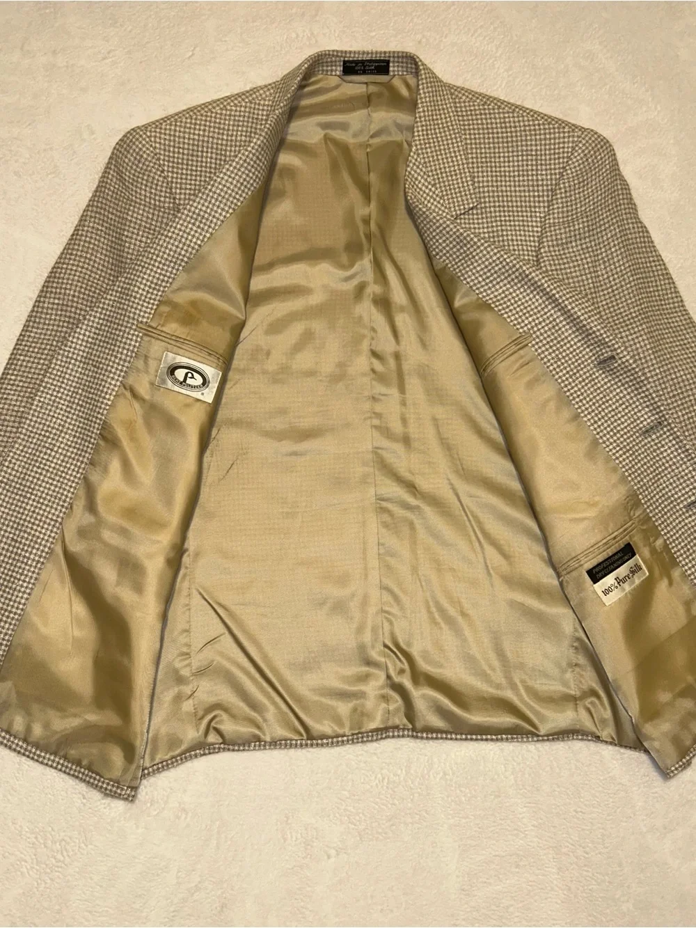 Vintage Bert Pulitzer 42S Beige/Gray Gingham Sport Coat Blazer Mens pure silk